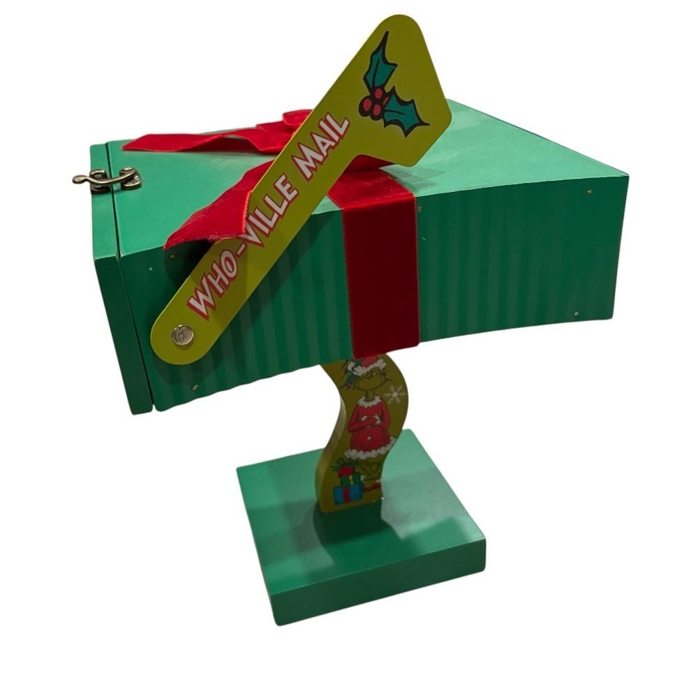 Dr. Seuss Grinch Mailbox Wooden Christmas Decor Present Bow Opening Door Green